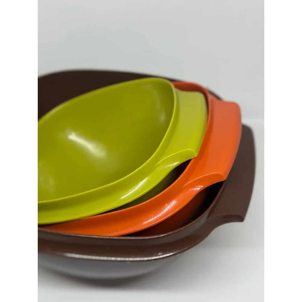 VTG Tupperware Stackable Bowls With Handles In Green Orange & Brown READ Decor‎